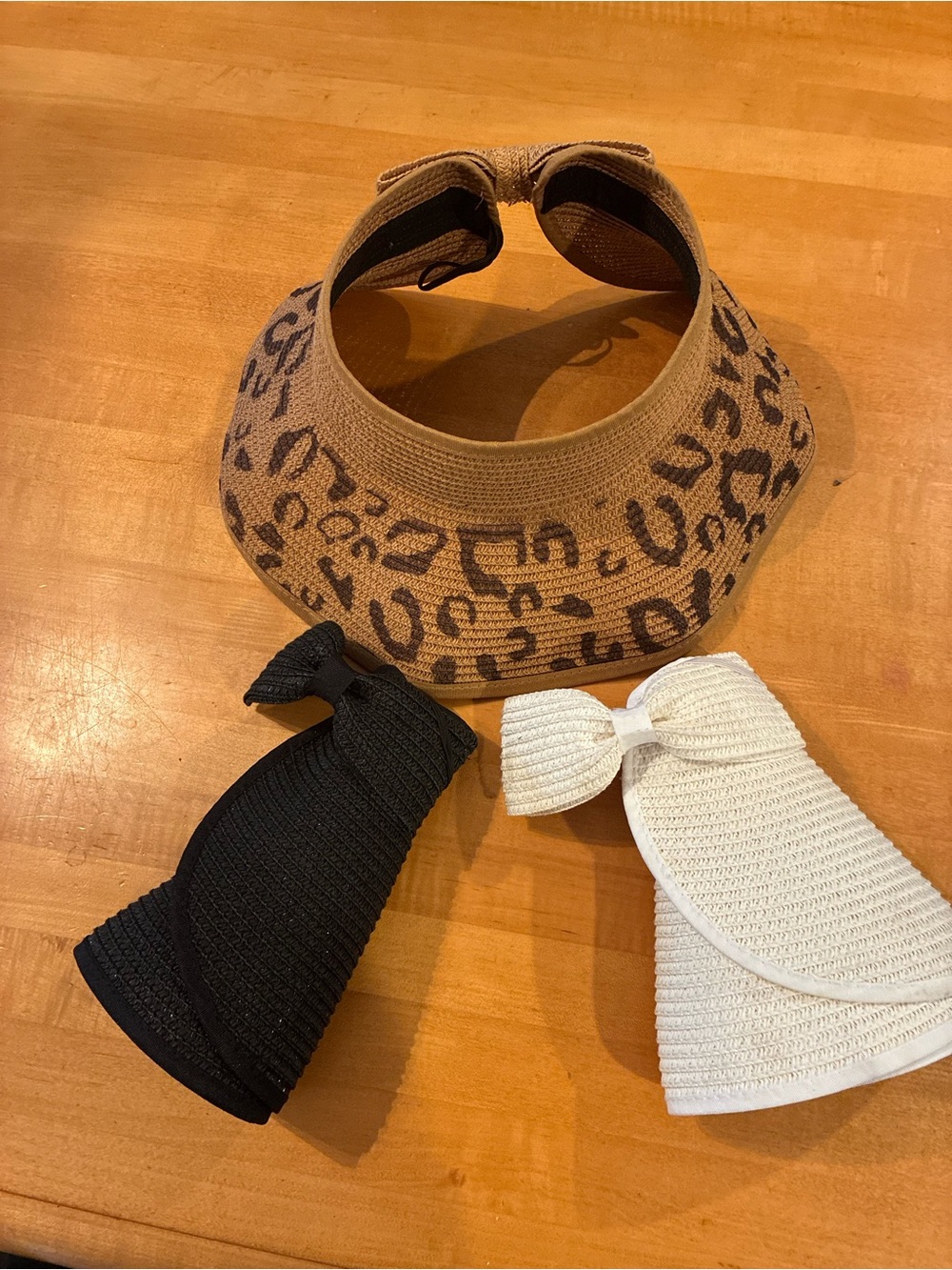 3 Pack Of Women’s Sun Hats Wide Brim, Bow On Back, Black, White, Cheetah Print